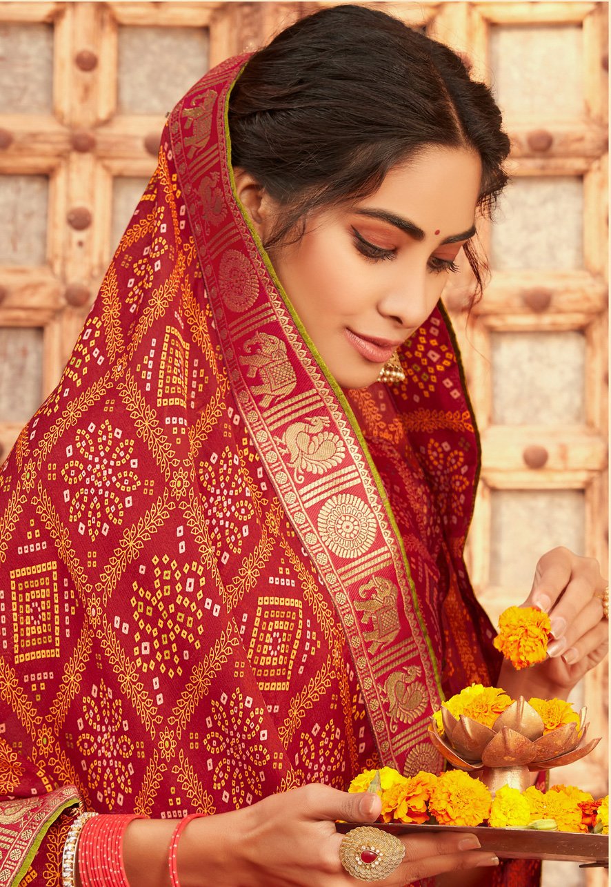 Myza Red Bandhani Saree – Pratibha Sarees