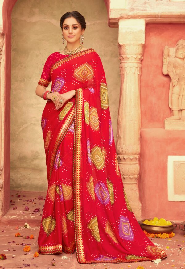 Multicoloured Chiffon Foil Printed Bandhani Saree – Leemboodi